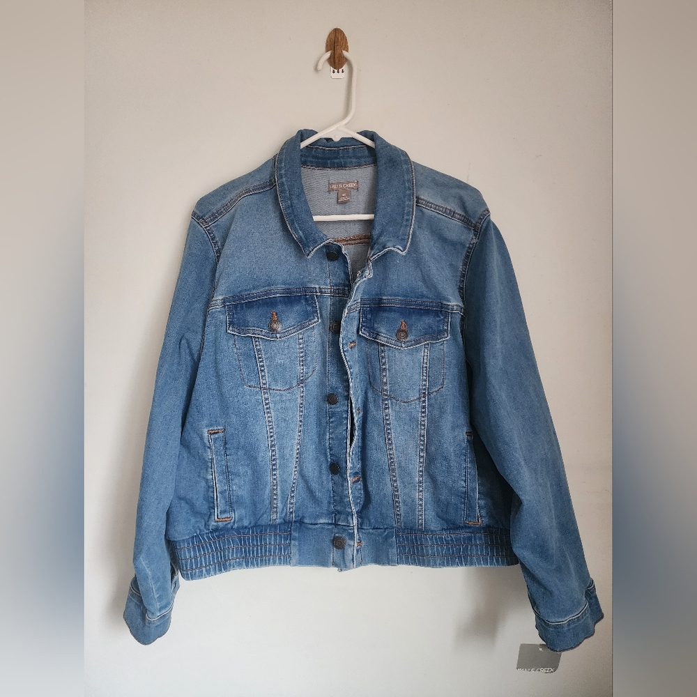 Falls Creek Elastic Waist Denim Jean Jacket Pockets Women’s Sz 2X EUC Cute! 90s